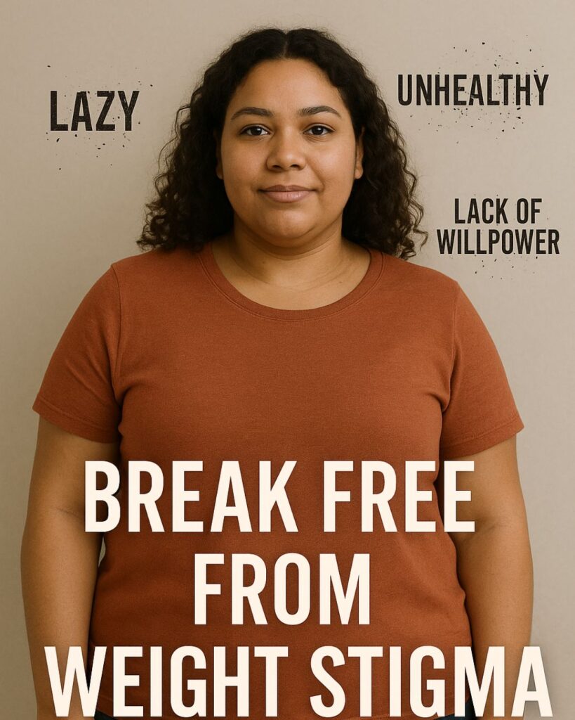 Confident plus-sized woman standing against neutral background with dissolving words ‘lazy,’ ‘unhealthy,’ and ‘lack of willpower,’ and text reading ‘Break free from weight stigma.