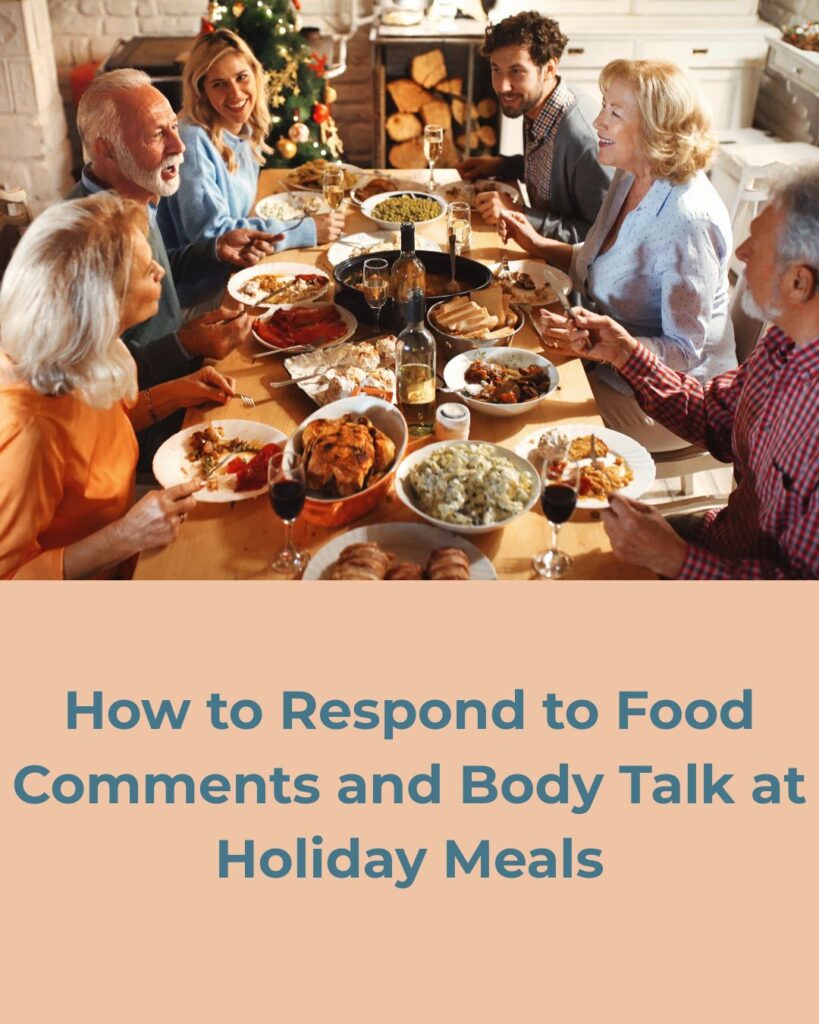 Family gathered around a holiday meal where food comments and conversation naturally happen at the table.