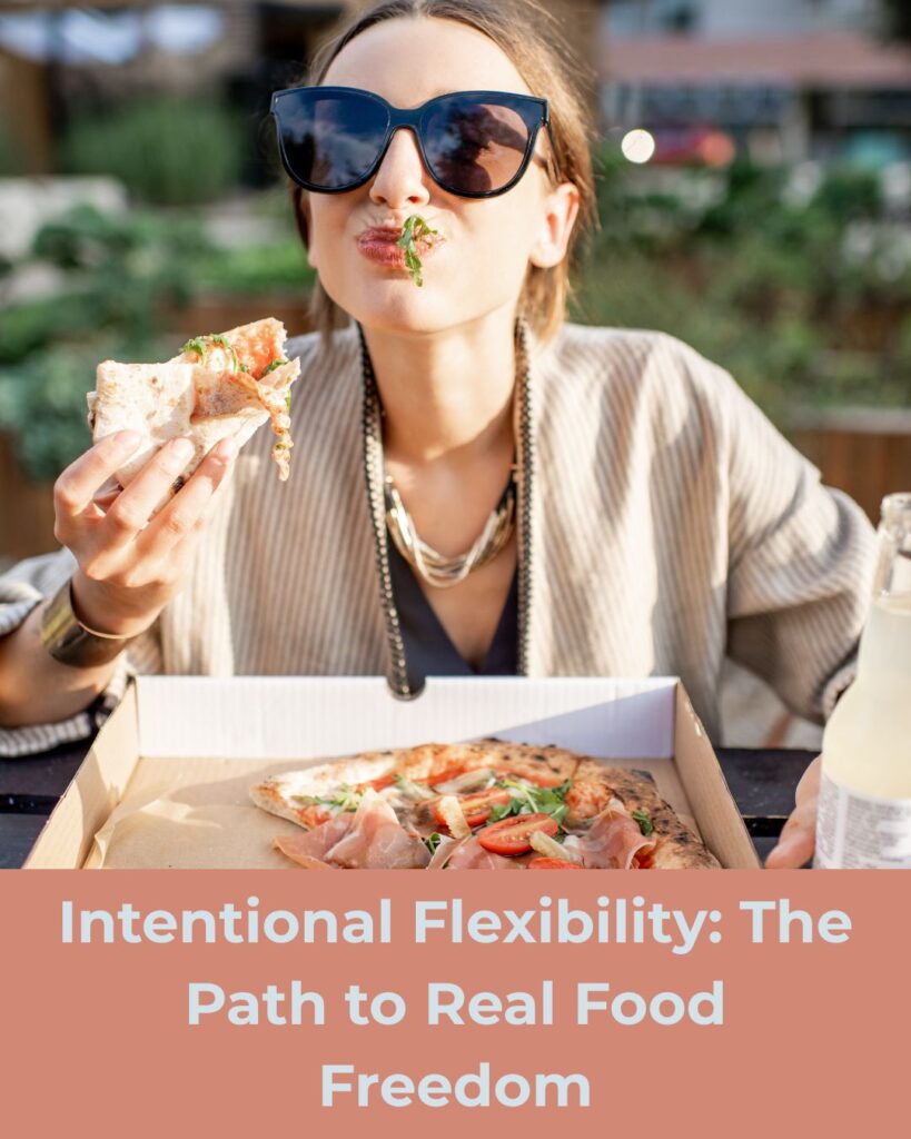 Woman enjoying a casual meal with ease and confidence, symbolizing food freedom.