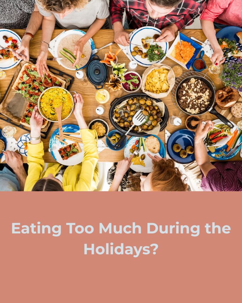 A cozy holiday table filled with festive seasonal dishes, representing the experience of eating more during the holidays in a warm and welcoming setting.