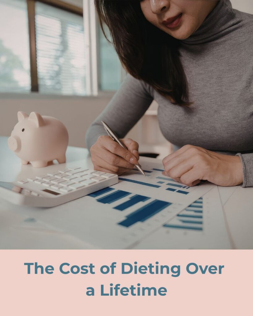 A woman reviewing a printed spreadsheet with a calculator at a table.