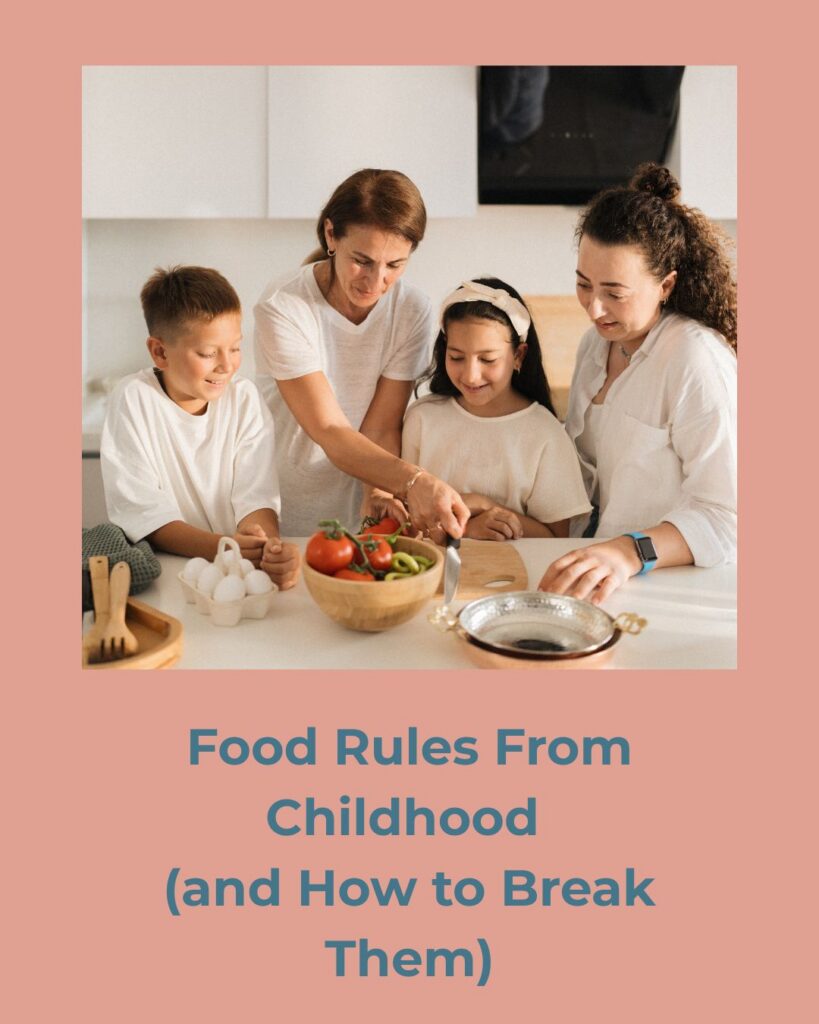 Multiple generations together, symbolizing how beliefs about food and body image are passed down.