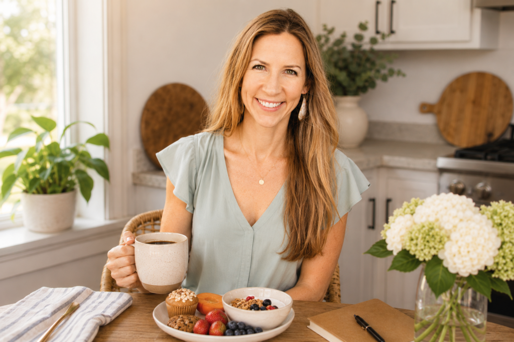 Registered dietitian enjoying breakfast, illustrating how to have a healthy relationship with food.