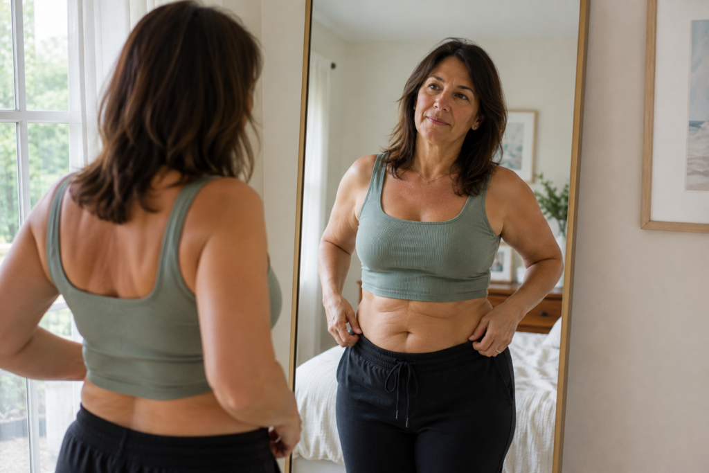 Woman navigating body changes in midlife and body image during perimenopause.