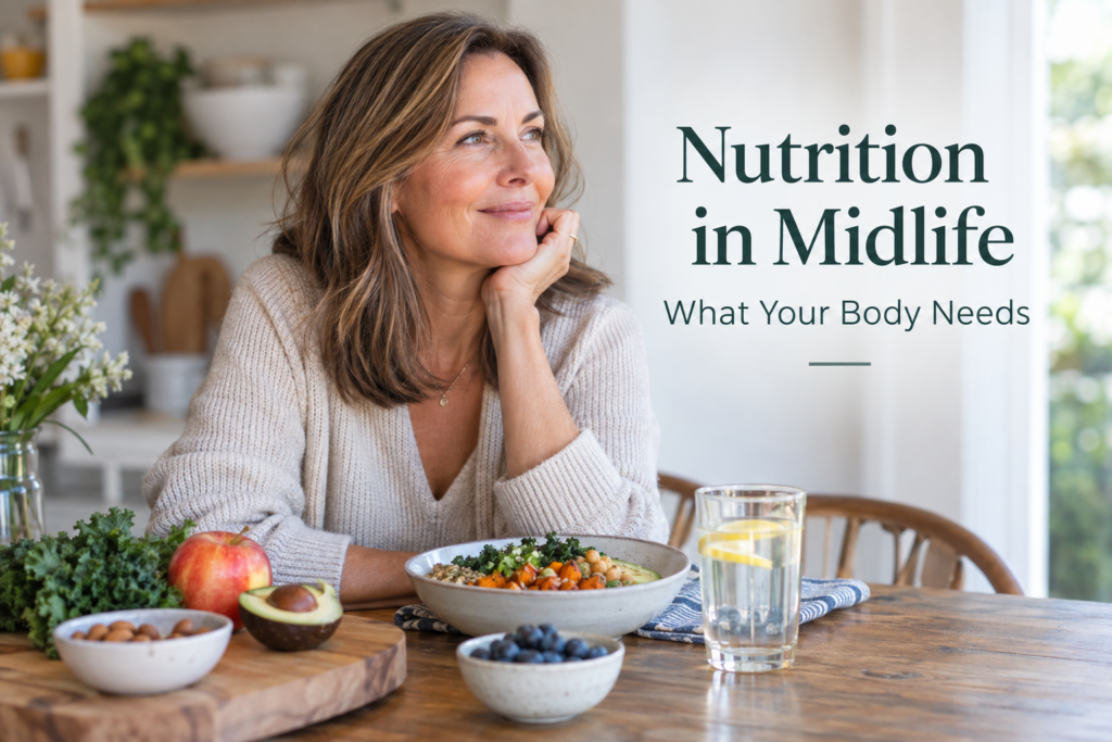 Woman in midlife enjoying a balanced meal, highlighting nutrition in midlife for supporting energy, muscle, bone, and heart health.